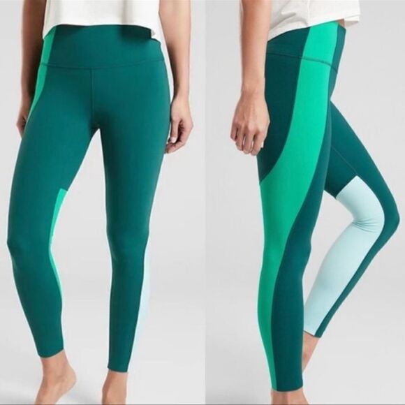 Athleta Dragonfly Green Colorblock Elation Asym 7/8 Powervita Leggings M - Picture 2 of 8